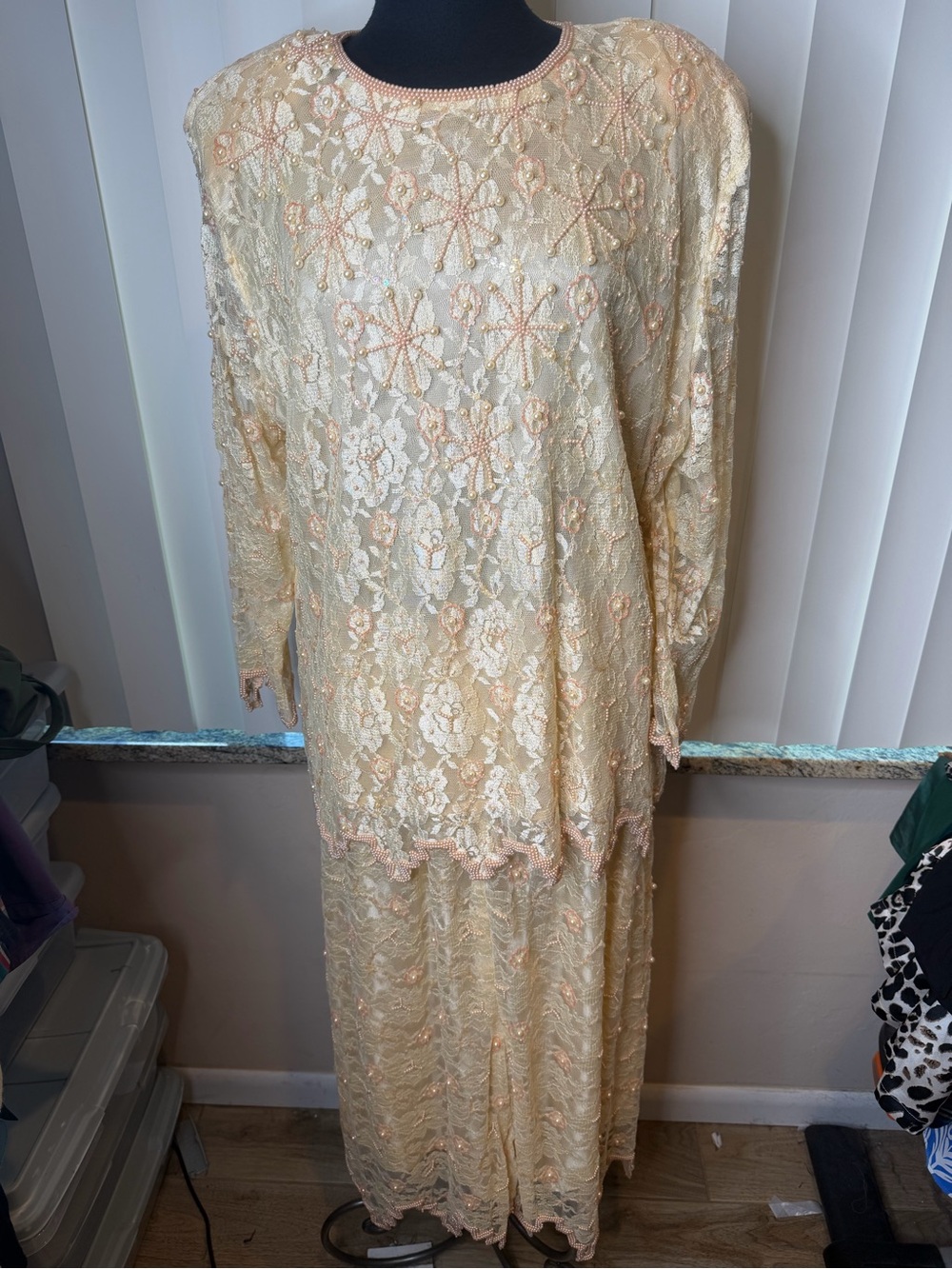 Vintage 80s Gunit Fashions Deadstock Ivory Peach Beaded Blouse Skirt Set Size 1X